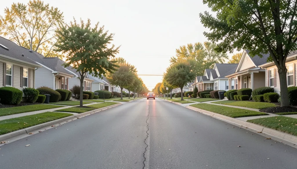 Quiet suburban street at dusk with a single car's tail lights visible in the distance