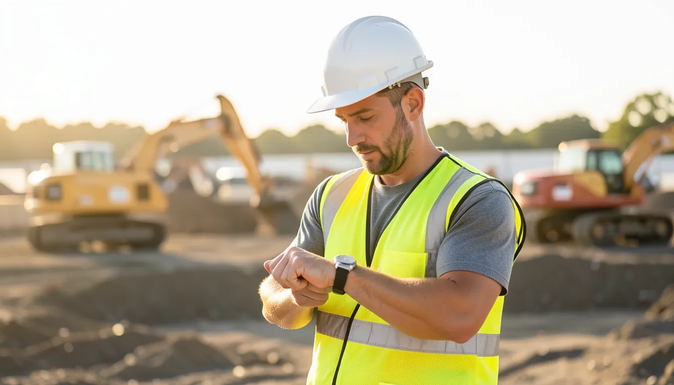 Construction worker in a hard hat checking his watch during an overtime shift at a job site