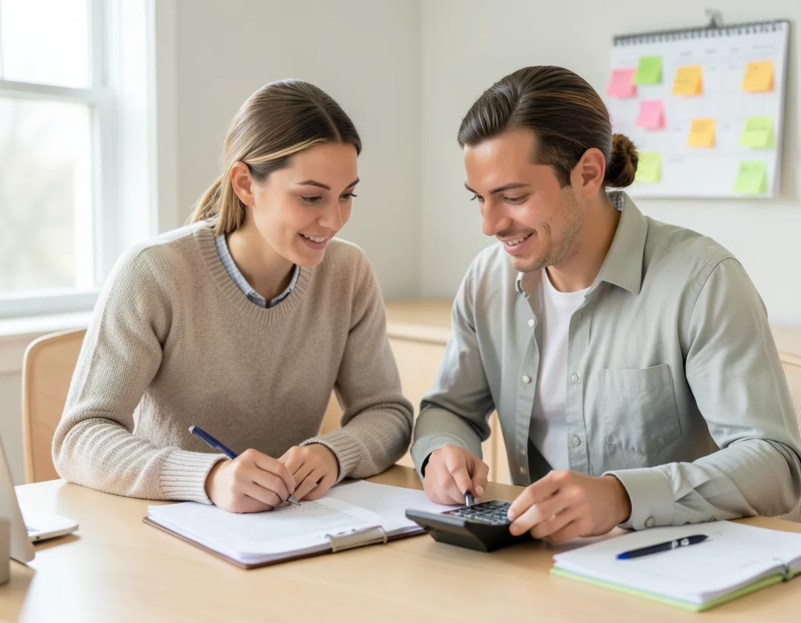 Couple reviewing paperwork and a calculator together at a home desk