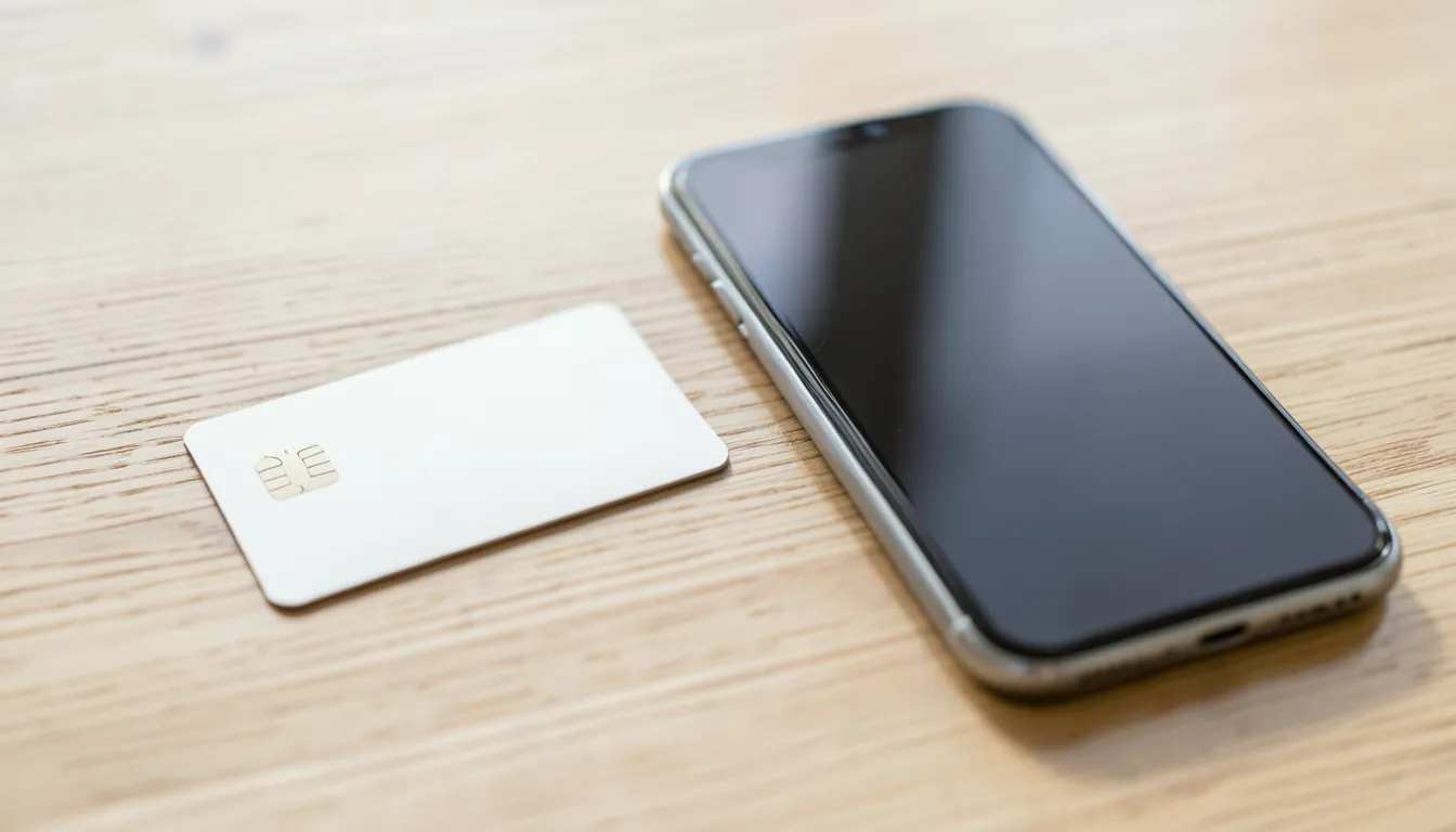 A physical credit card with its chip visible lying next to a smartphone with a blank screen on a wooden table