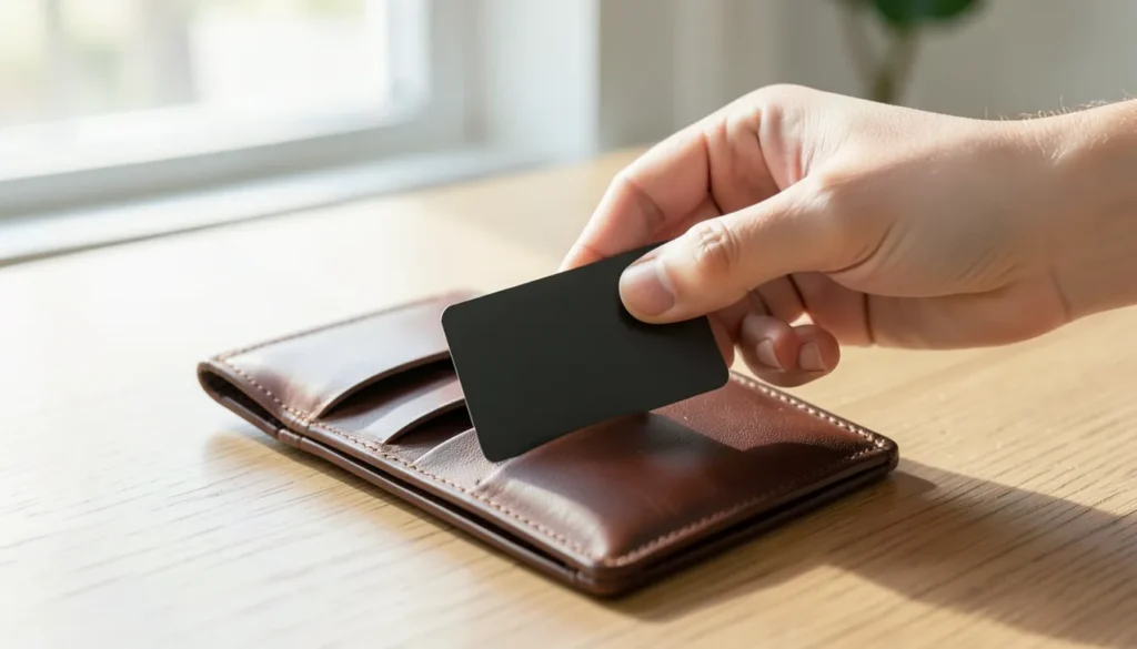 Hand sliding a blank credit card into a leather wallet, representing costly credit card habits when APRs are high