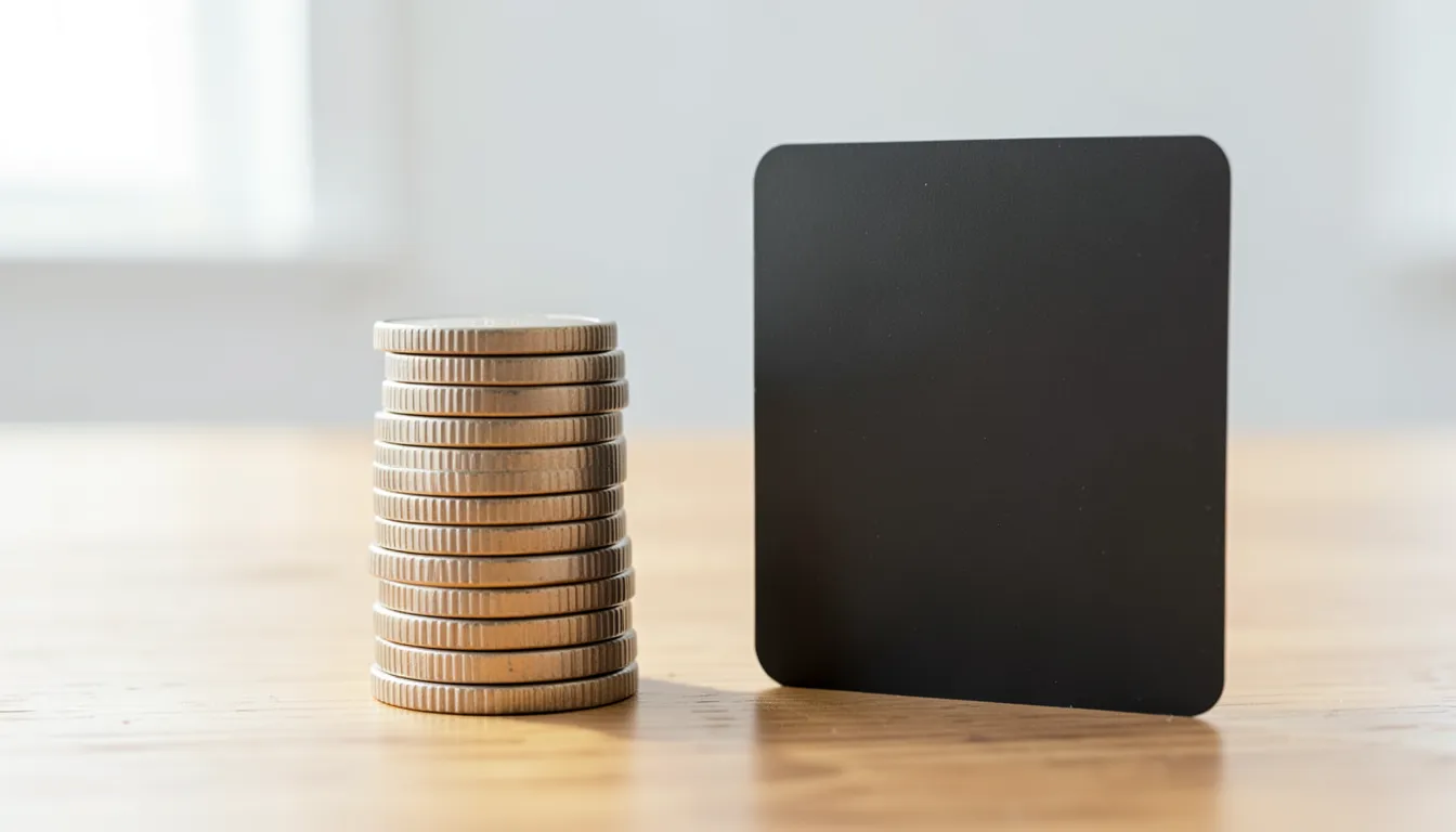 Macro of an ascending stack of coins next to a blank credit card, representing rising interest charges from a high APR