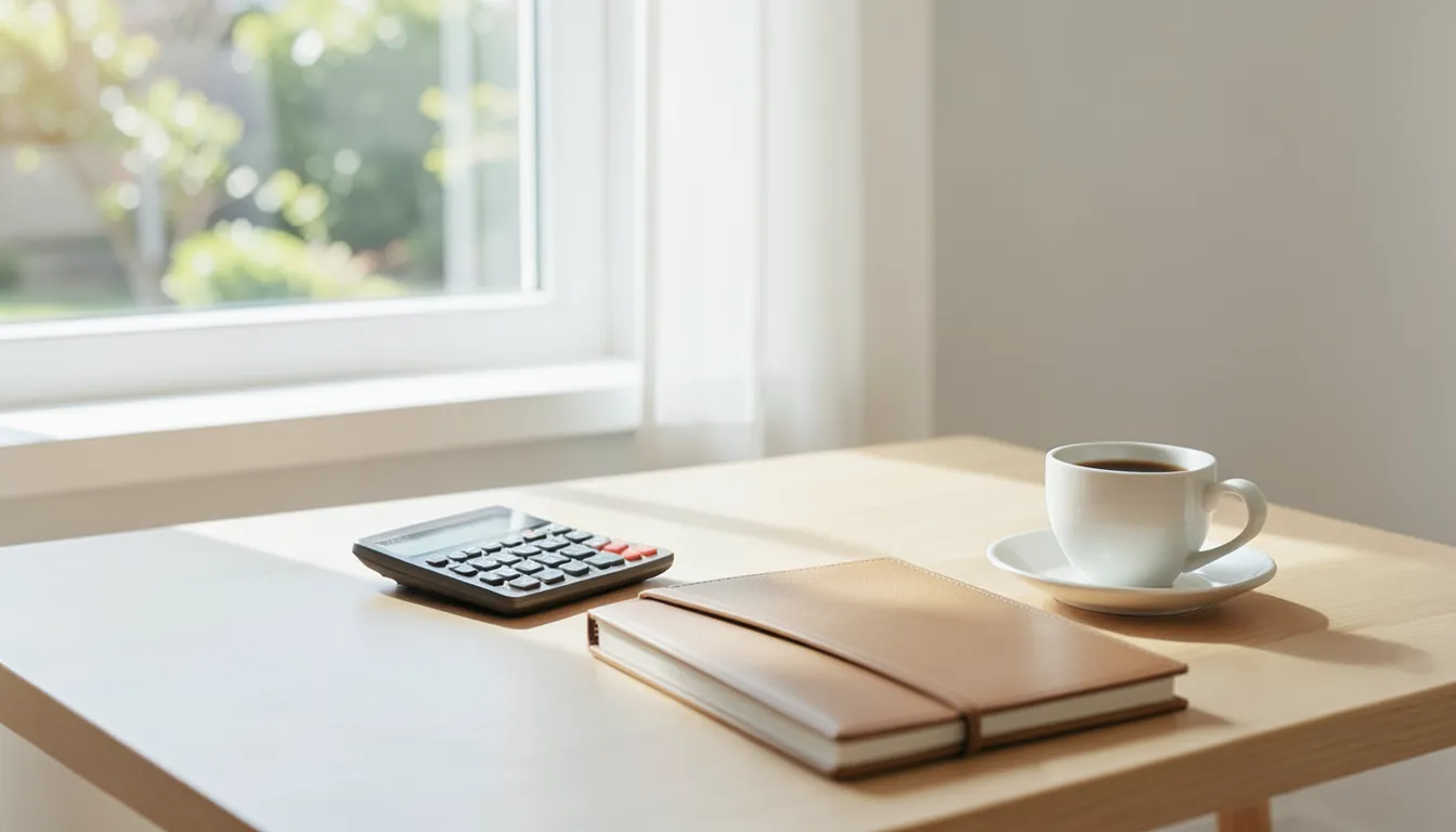 Empty home desk with a calculator, notebook, and a cup of coffee, representing reviewing credit card costs