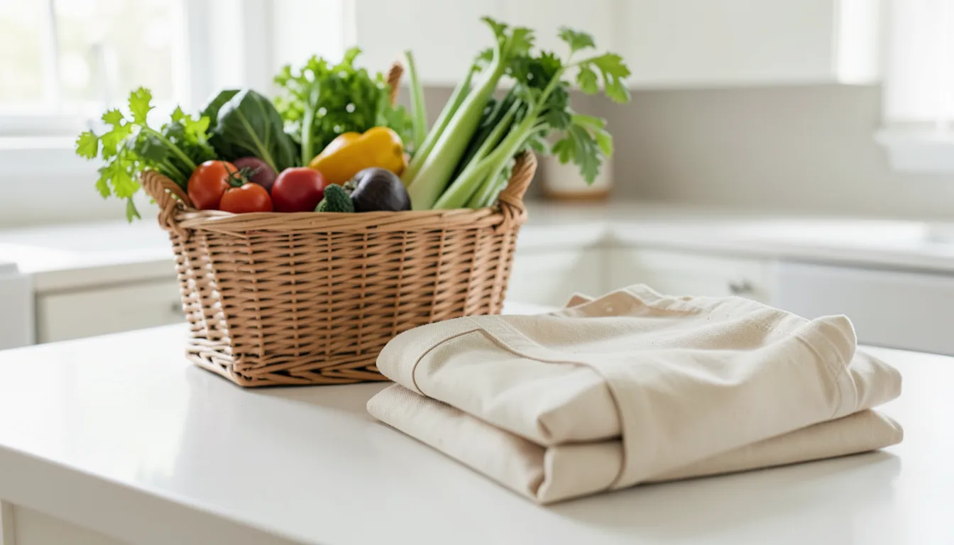 Wicker basket filled with fresh vegetables next to folded canvas tote bags on a kitchen counter