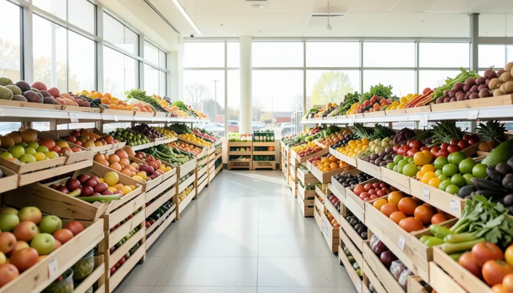 Bright supermarket produce aisle with colorful fresh fruits and vegetables in wooden crates