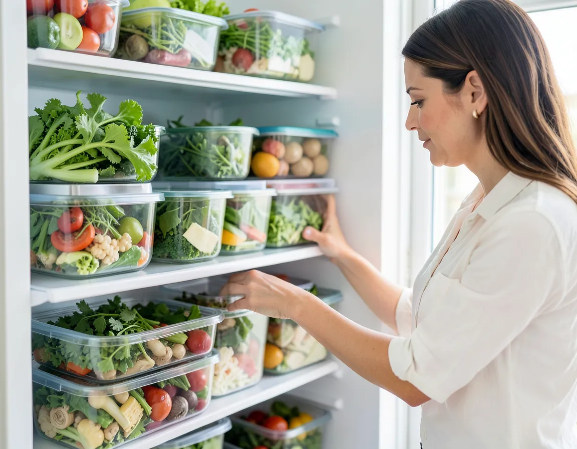 Woman organizing clear containers of fresh produce in a refrigerator to reduce food waste