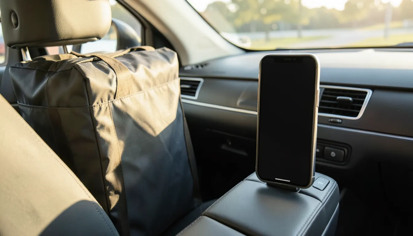 Insulated delivery bag on the back seat next to a smartphone mounted on the dashboard with a blank screen