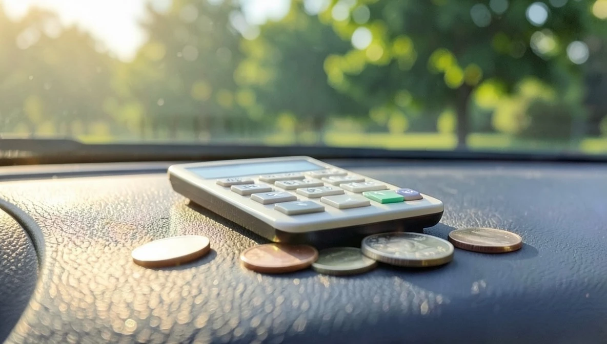 Calculator and loose coins resting on a car dashboard in afternoon sunlight