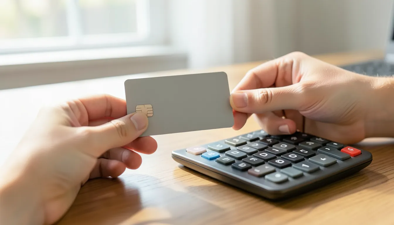 Close-up of a hand holding a debit card next to a calculator while setting up direct deposit