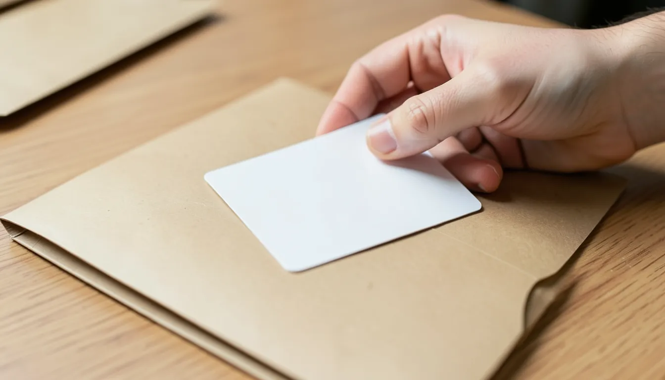Close-up of a hand placing a blank credit card into a folder on a wooden desk