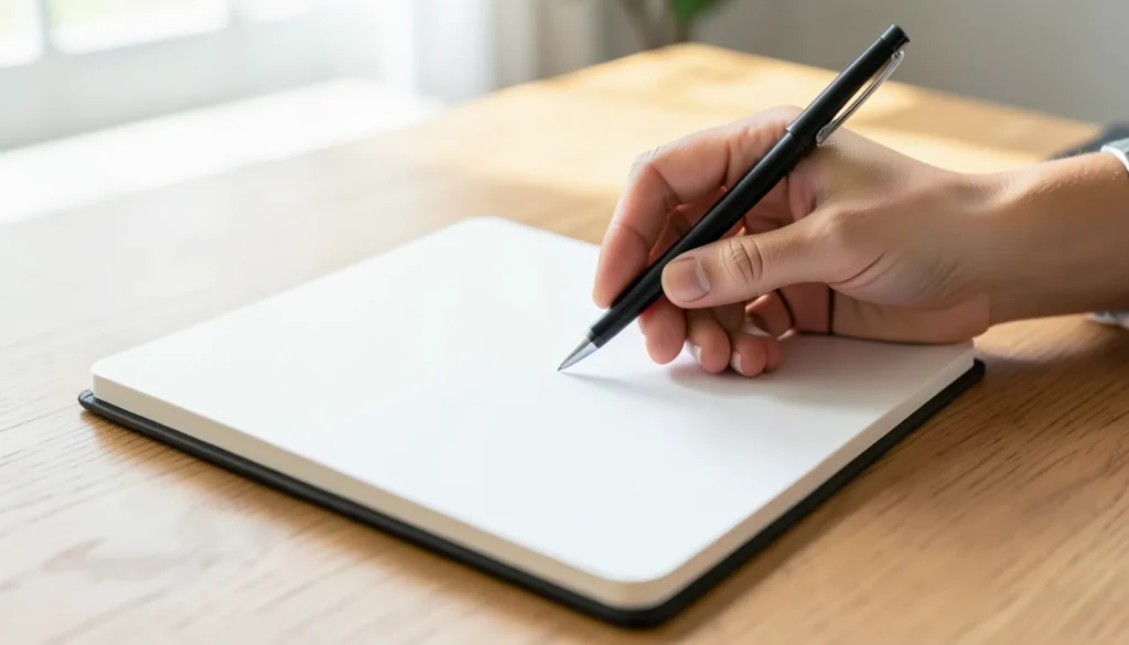 Close-up of a hand writing in a blank notebook with a pen on a wooden desk, drafting a credit report dispute letter
