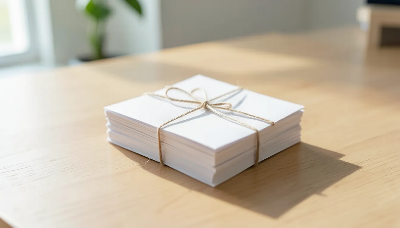 Small stack of blank envelopes tied with twine on a wooden desk, ready to mail a credit report dispute letter