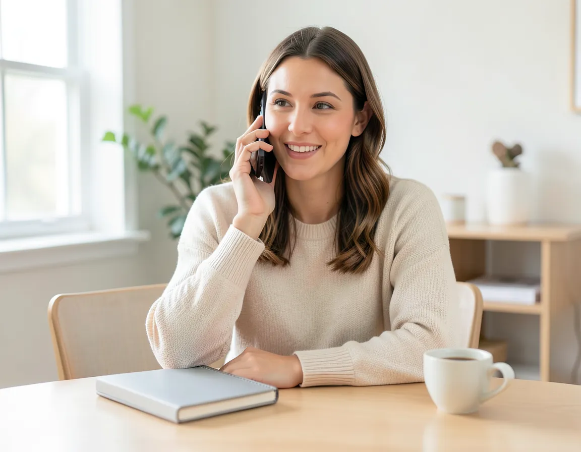 Woman making a phone call from home while following up on a credit report dispute with a notebook nearby