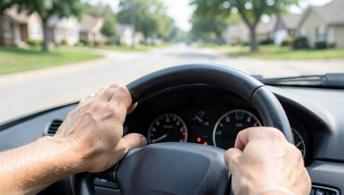 Close-up of a driver's hands on a steering wheel while driving, dashboard gauges blurred in the background