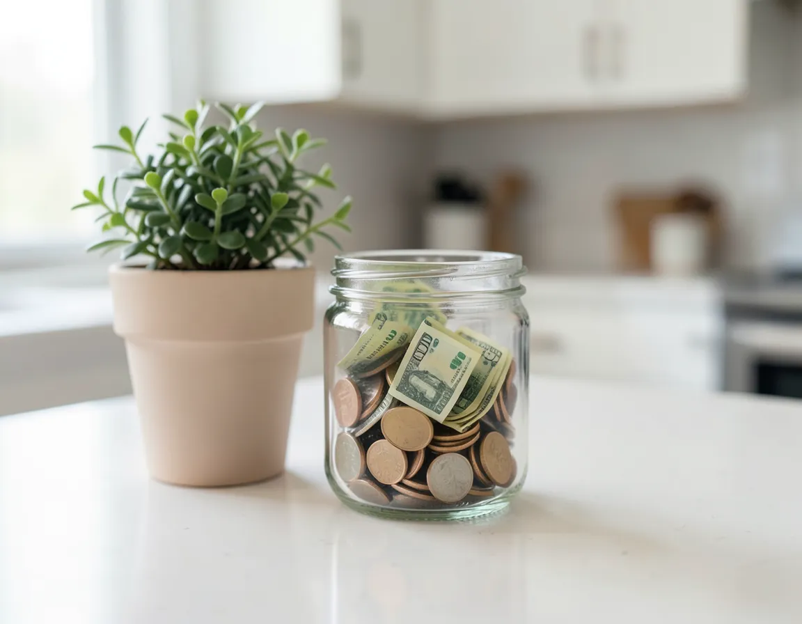 Glass jar with coins and cash next to a potted plant on a kitchen counter