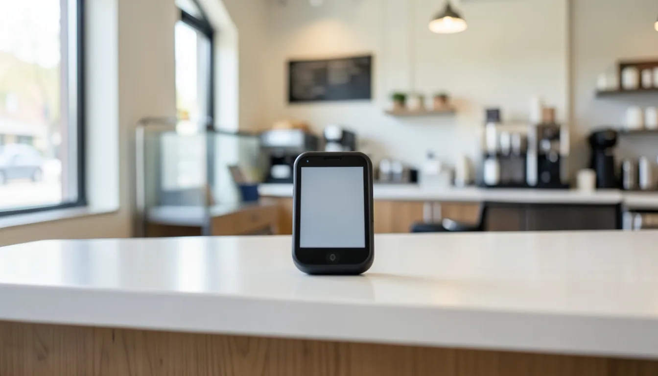 Empty coffee shop counter with a contactless payment terminal with a blank screen