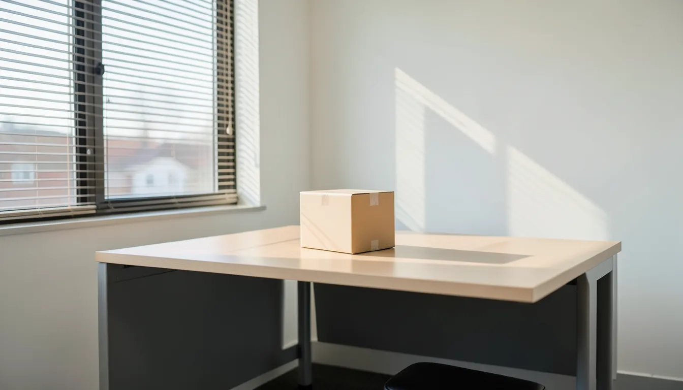 Empty office desk with a single small moving box, afternoon light through blinds