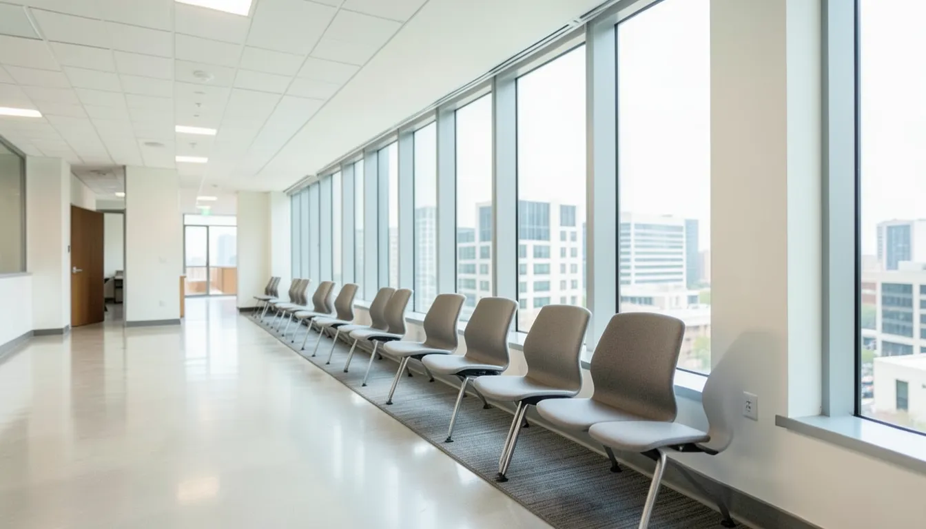 Empty office hallway with a row of waiting chairs before a job interview screened by AI