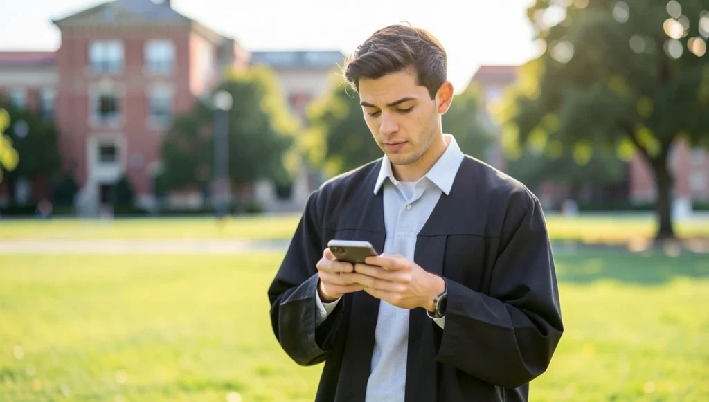 Recent college graduate in a cap and gown standing alone on a campus lawn, checking his phone with a hopeful but uncertain expression