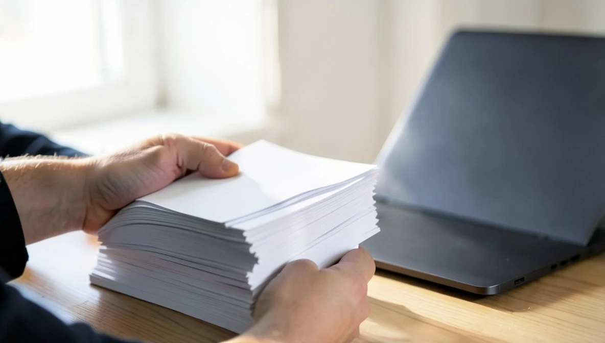 Close-up of one person's hands stacking a neat pile of blank printed resume pages on a wooden desk next to a plain closed laptop