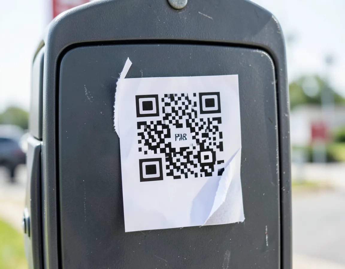 Close-up of a suspicious paper QR code sticker peeling off and layered on top of an official sign at a parking meter