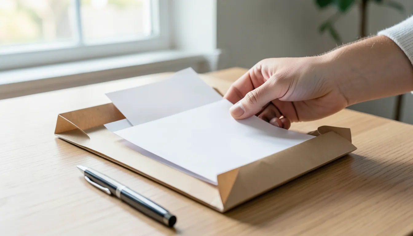 Hand placing a blank document into a folder while preparing CFPB complaint paperwork