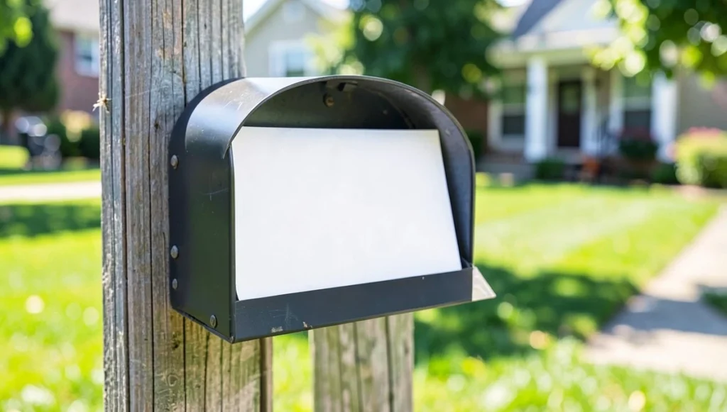 Close-up of an open mailbox holding a blank white envelope on a wooden post in a sunny front yard