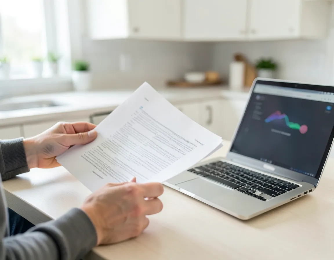 Person reviewing a printed credit report next to an open laptop showing a data chart