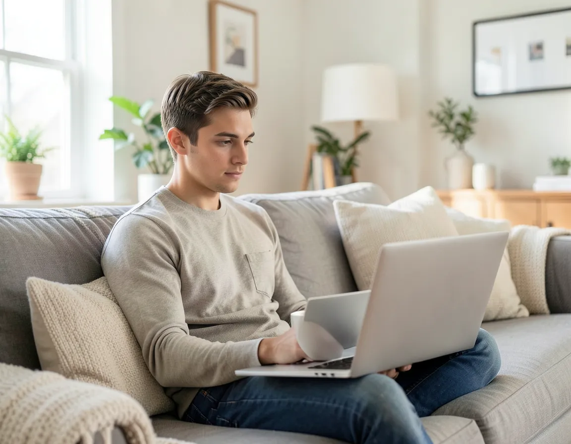 Young adult on a couch checking financial details on a laptop at home