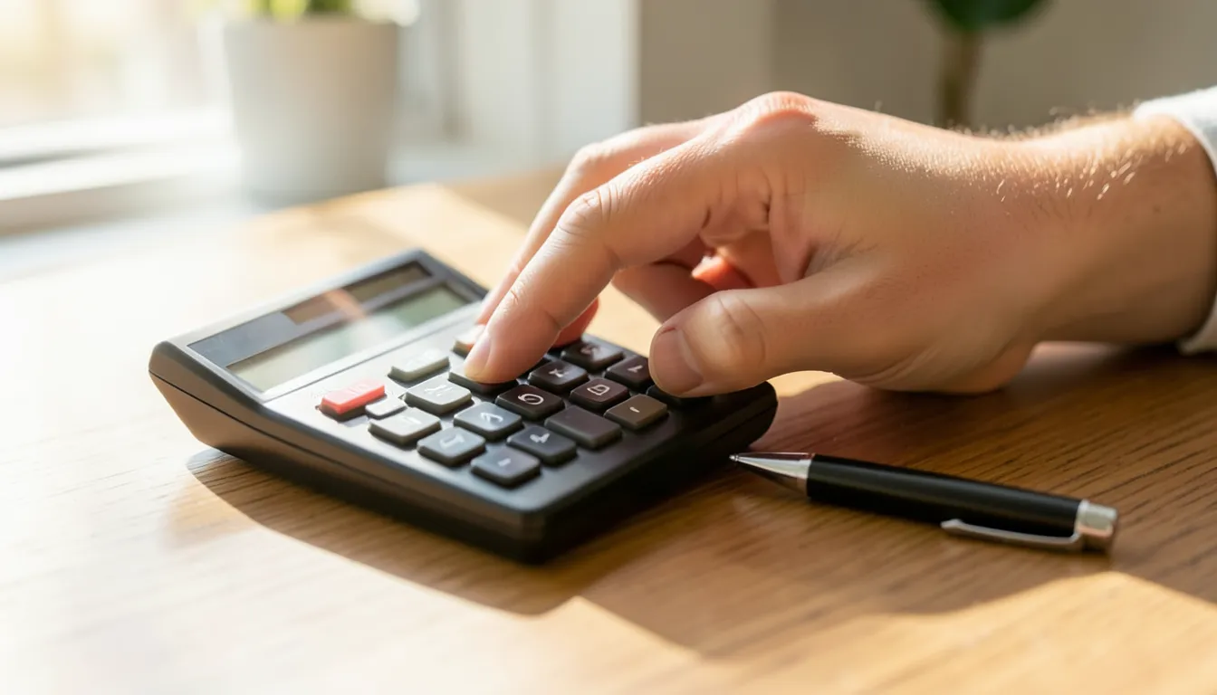 Hand pressing buttons on a calculator next to a pen on a wooden desk