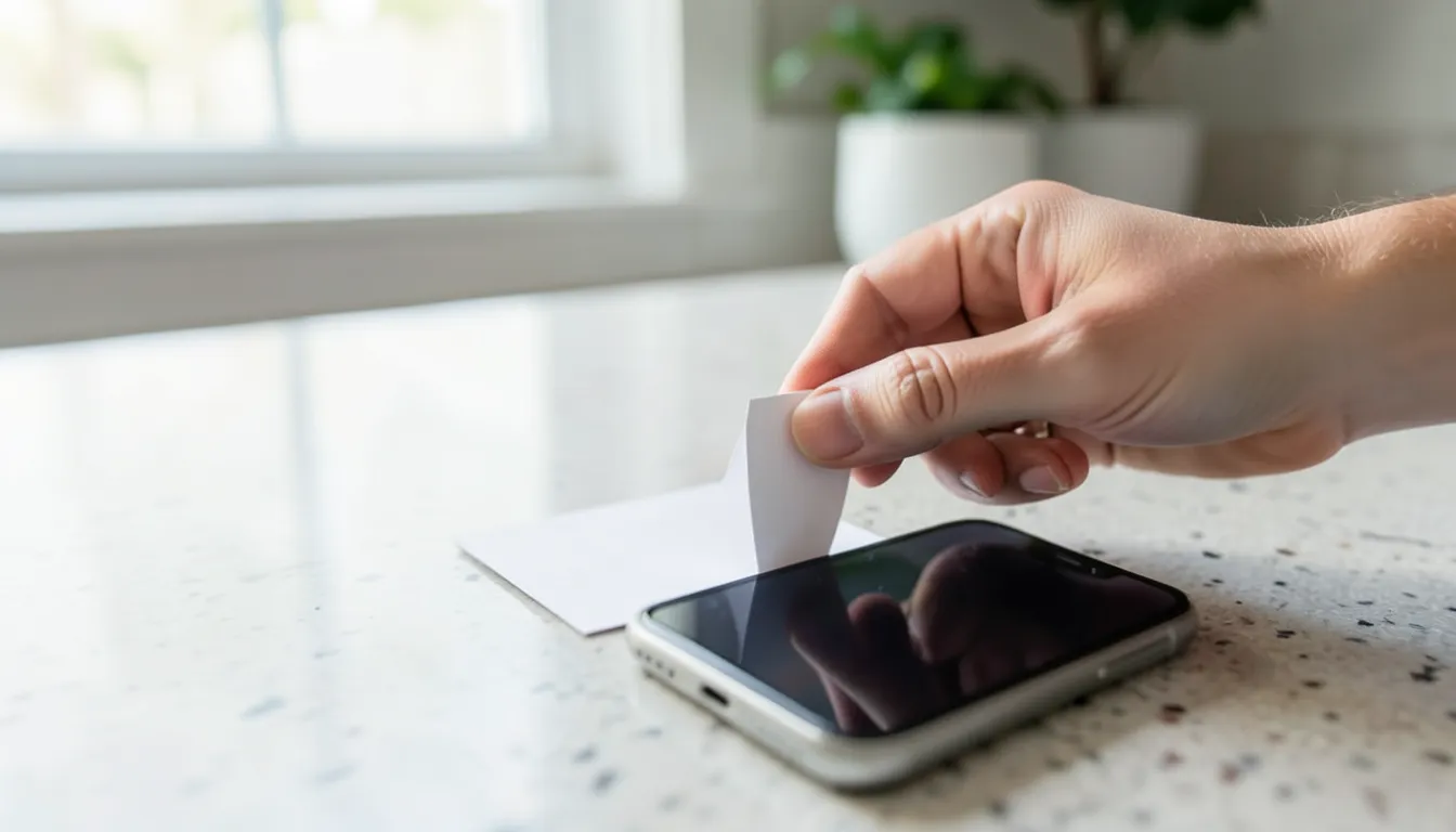 Hand placing a blank index card on a kitchen counter next to a smartphone