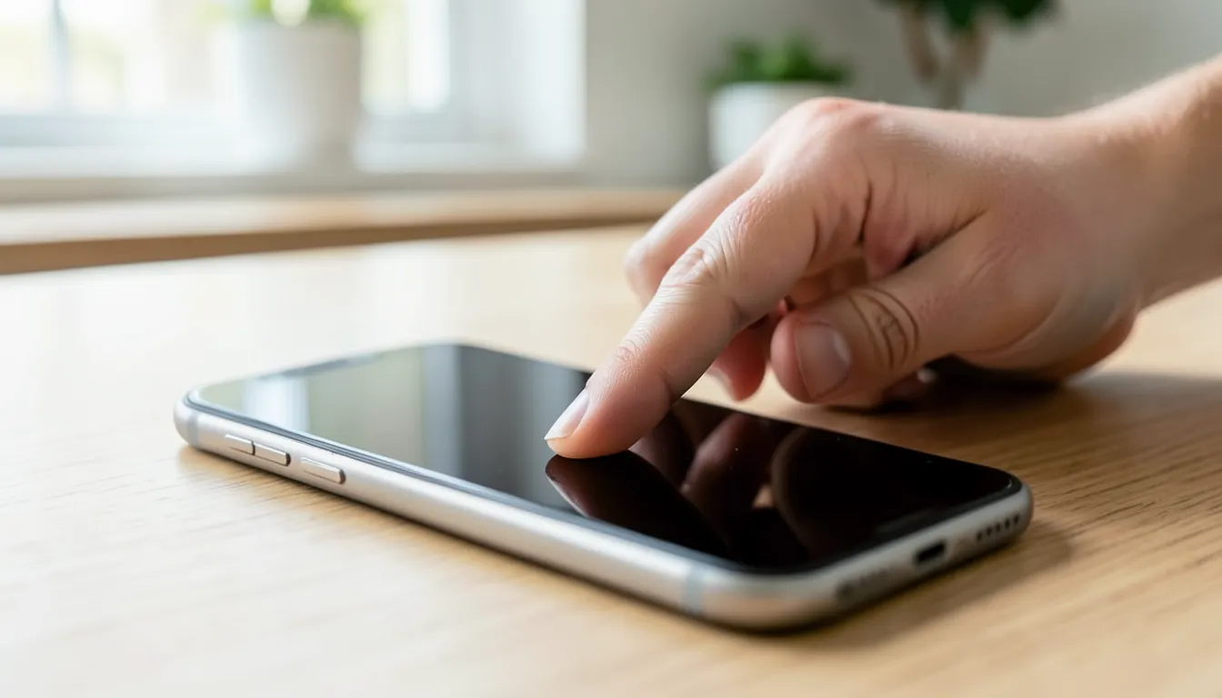 Hand tapping a smartphone with a blank dark screen on a kitchen counter