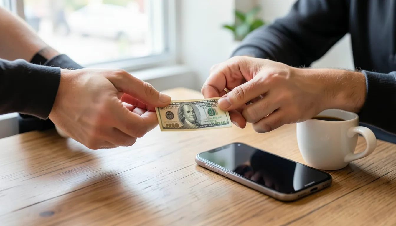 Two people's hands exchanging a folded dollar bill at a cafe table next to a smartphone