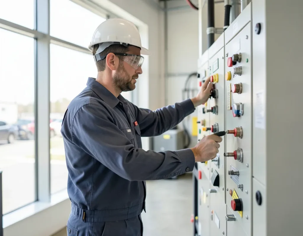 Electrician wearing a hard hat and safety glasses inspecting an industrial control panel
