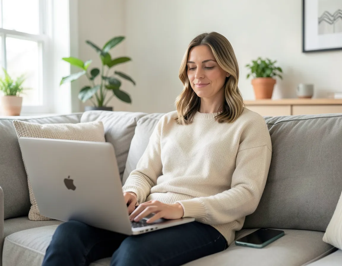 Woman relaxing on a couch at home using a laptop with her smartphone resting beside her, everyday passwordless banking login