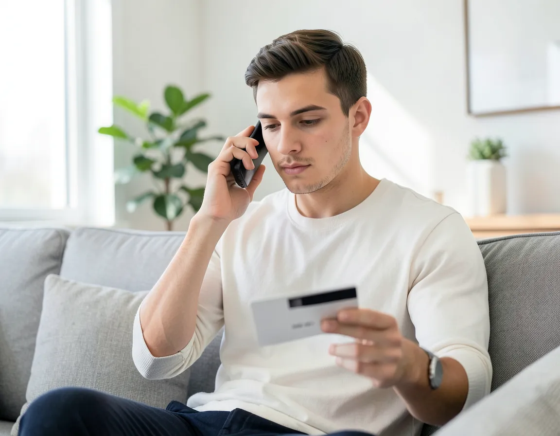 Man on the phone with his card issuer holding his credit card while disputing a charge
