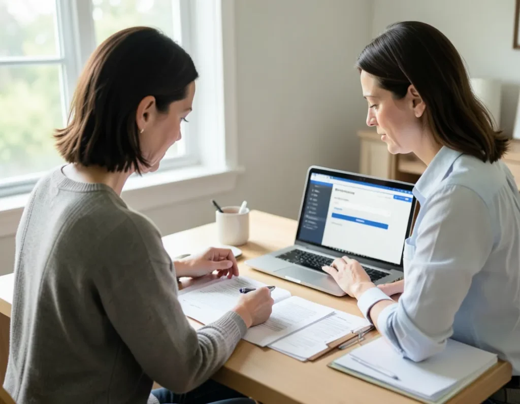 Two people reviewing documents and a laptop before filing a CFPB complaint in 2026