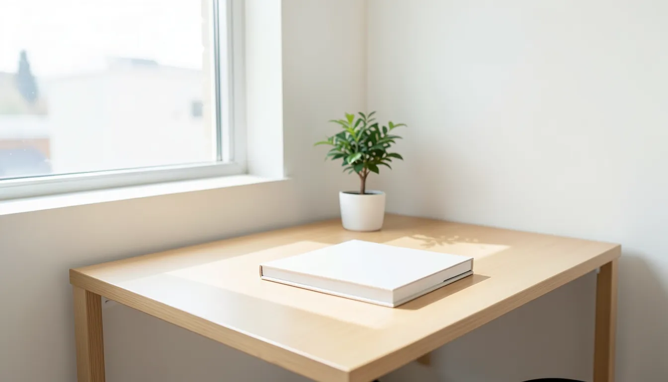 Empty HR office desk with a closed binder, representing direct deposit paperwork setup