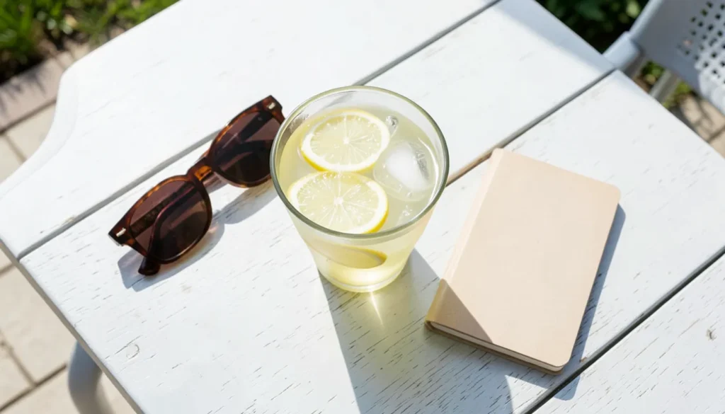 Glass of iced lemonade, sunglasses, and a notepad on an outdoor table for a midyear money check-in