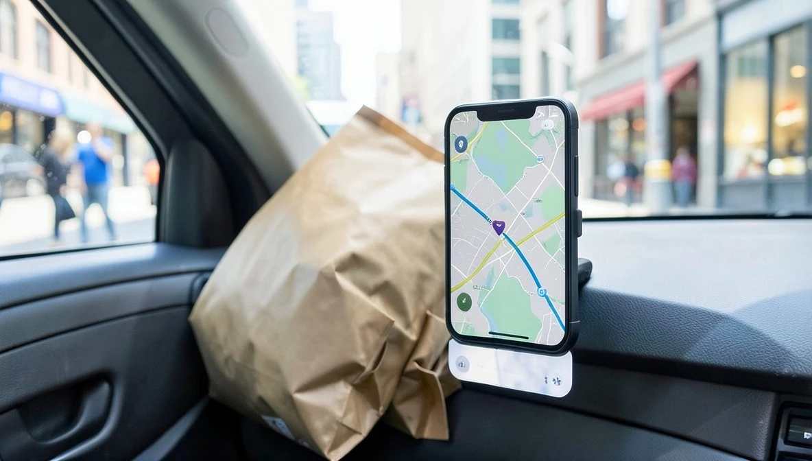 Smartphone mounted on a car dashboard showing a delivery navigation route with delivery bags on the passenger seat