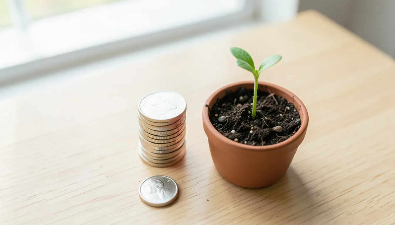 Small stack of coins next to a growing sprout in a pot, symbolizing gradual investment growth