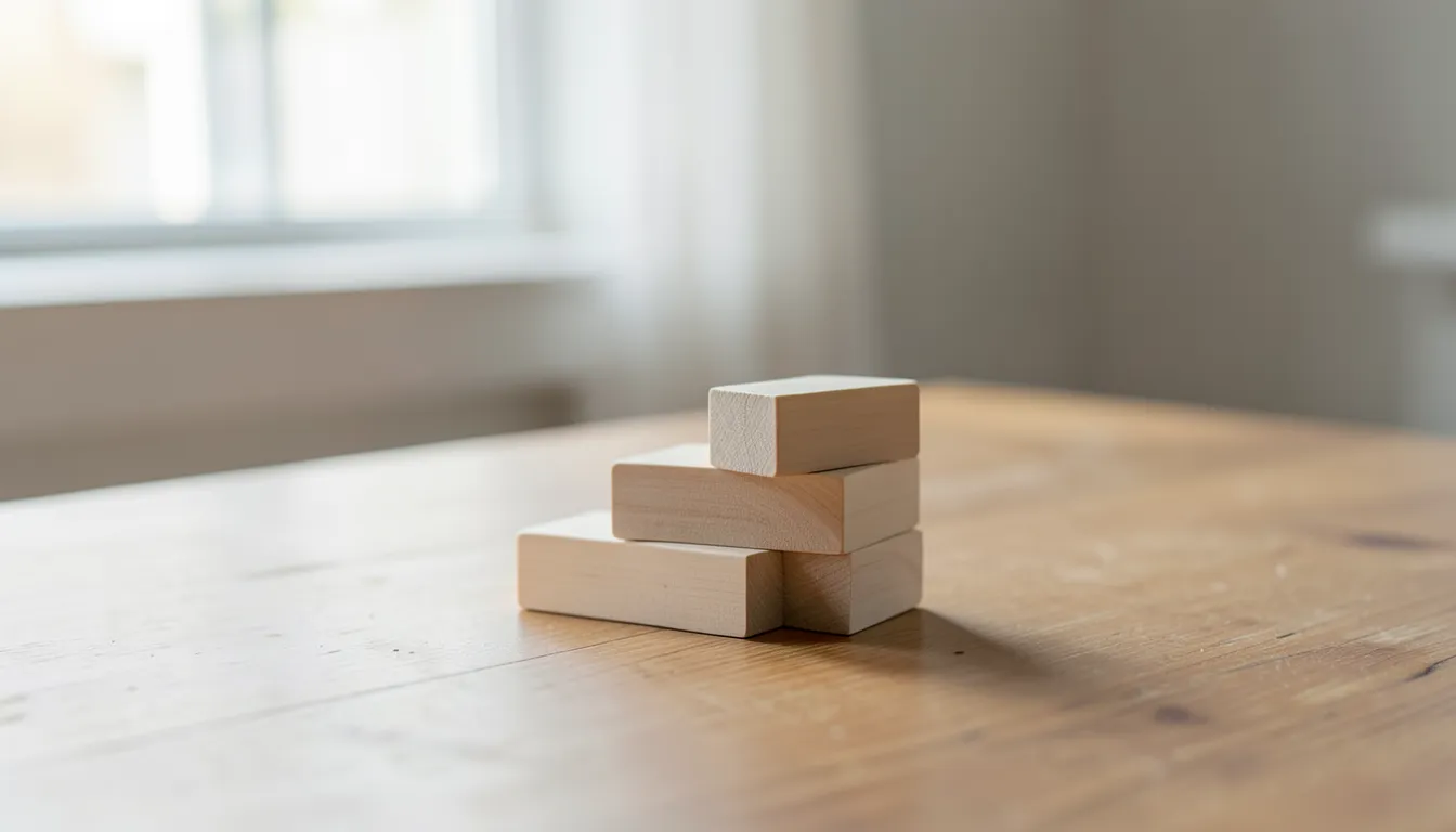 Wooden blocks arranged in an ascending staircase pattern, representing gradual investment growth