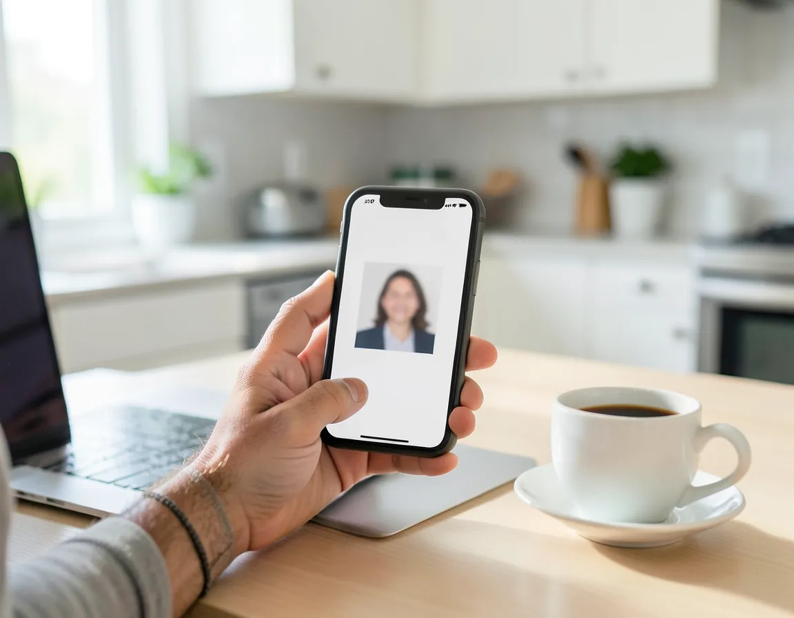 Person holding a phone with an identity verification selfie screen next to a laptop