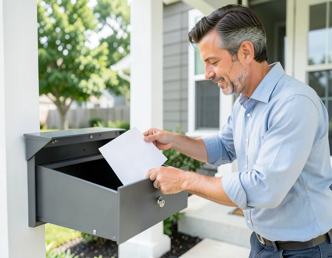 Man retrieving mail from a mailbox outside his home