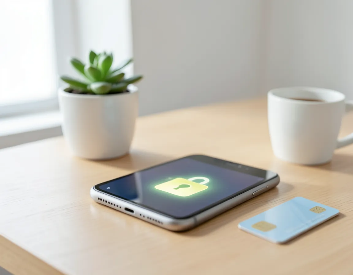 Smartphone with a security lock icon next to a debit card on a desk, representing digital banking protection