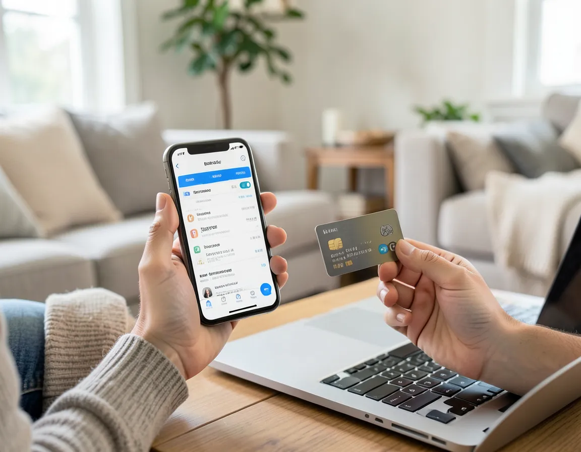 Person holding a smartphone with a banking app open next to a debit card, comparing digital and traditional banking