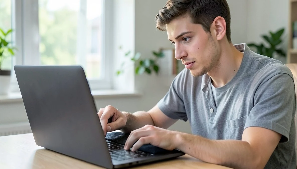 Young man checking laptop specs and typing near a bright window before a refurbished computer purchase