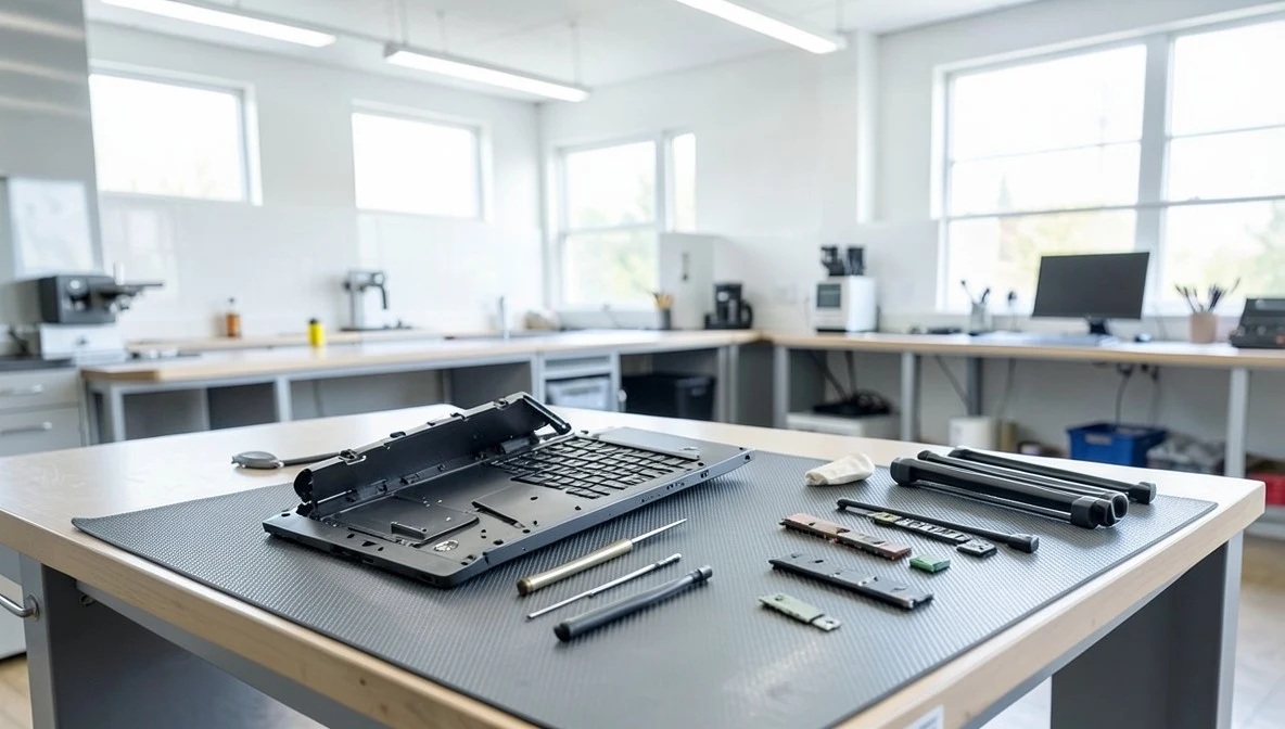 Disassembled laptop and repair tools laid out on a workbench in a device refurbishment and testing facility