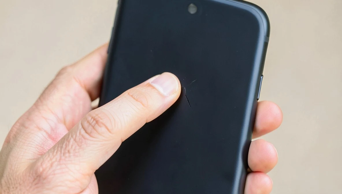 Close-up of a hand checking a smartphone's back panel for scratches before a refurbished purchase