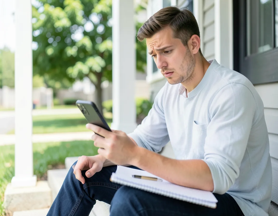 Man looking at his phone with a concerned expression while reading a suspicious job offer text
